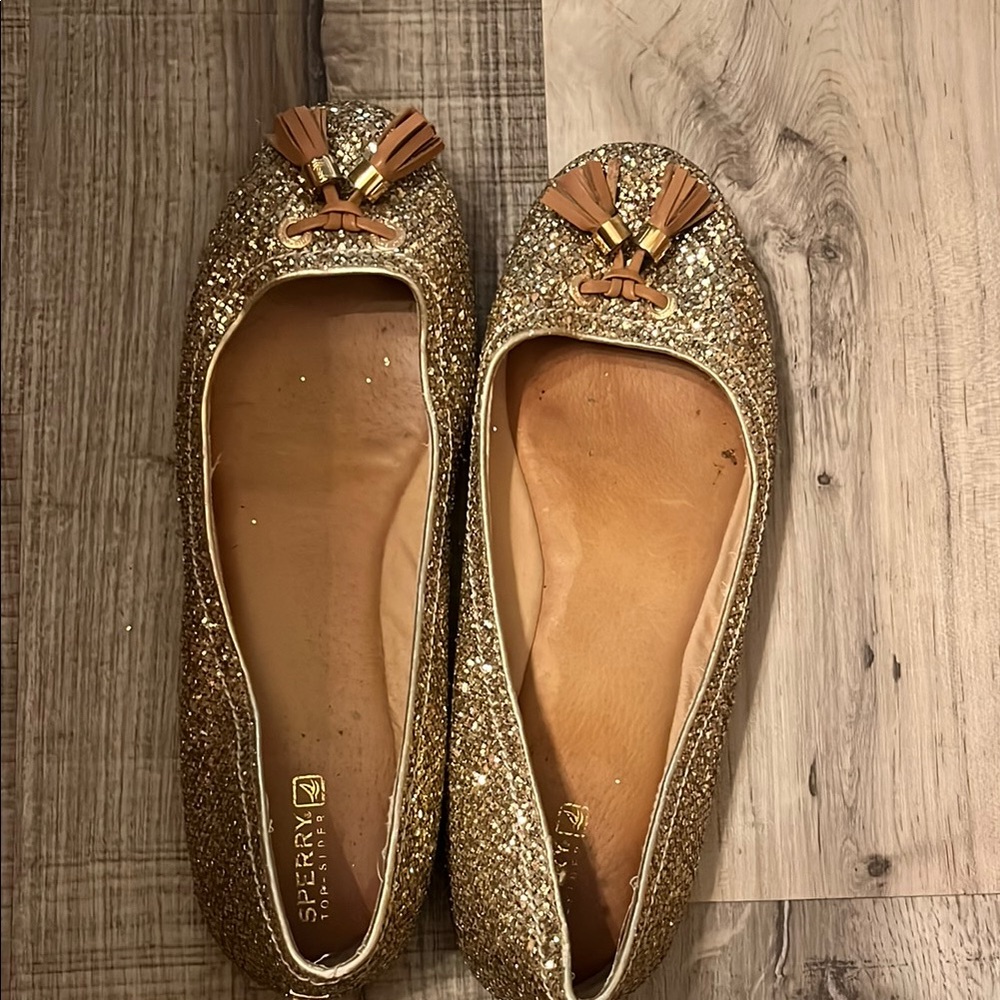 Sperry Gold and Brown Glitter Flats